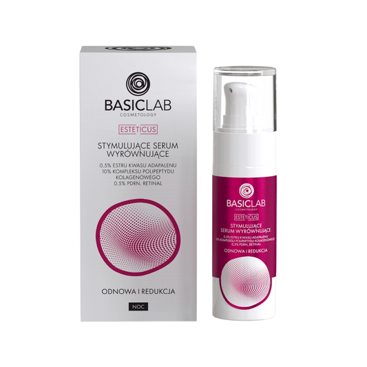 Stymulujące serum wyrównujące z 0,5% estru kwasu adapalenowego, 10% polipeptydu kolagenowego, 0,5% PDRN i retinalem BasicLab 30 ml – Odnowa i Redukcja