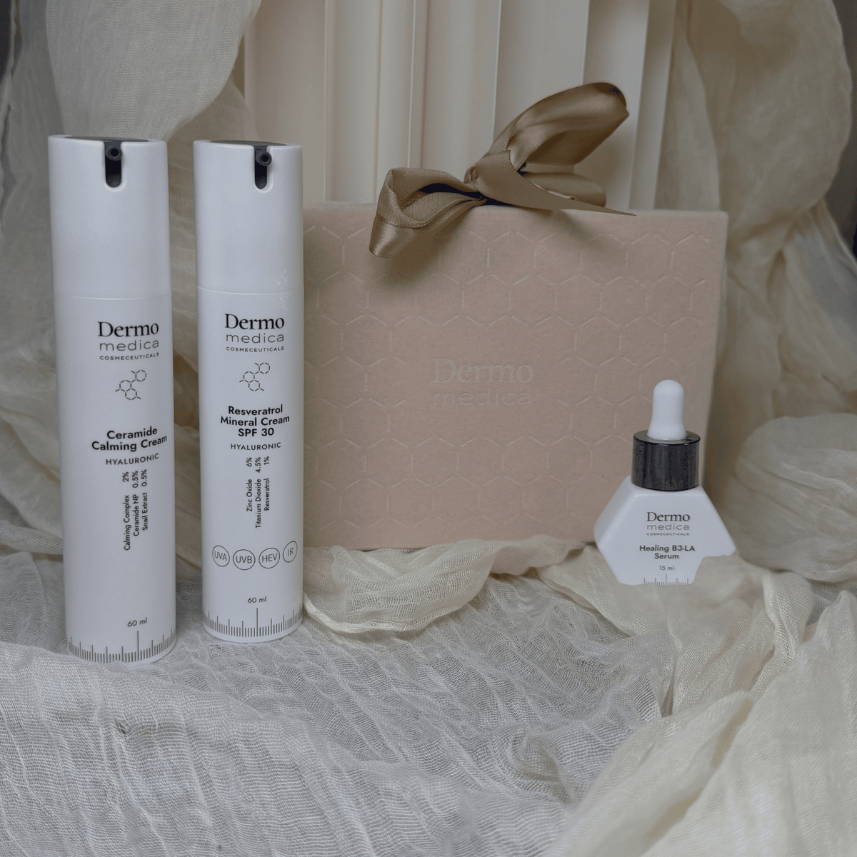 Dermomedica zestaw Barrier Hero - Resveratrol Mineral Cream SPF 30, Ceramide Calming Cream i Healing B3-LA Serum