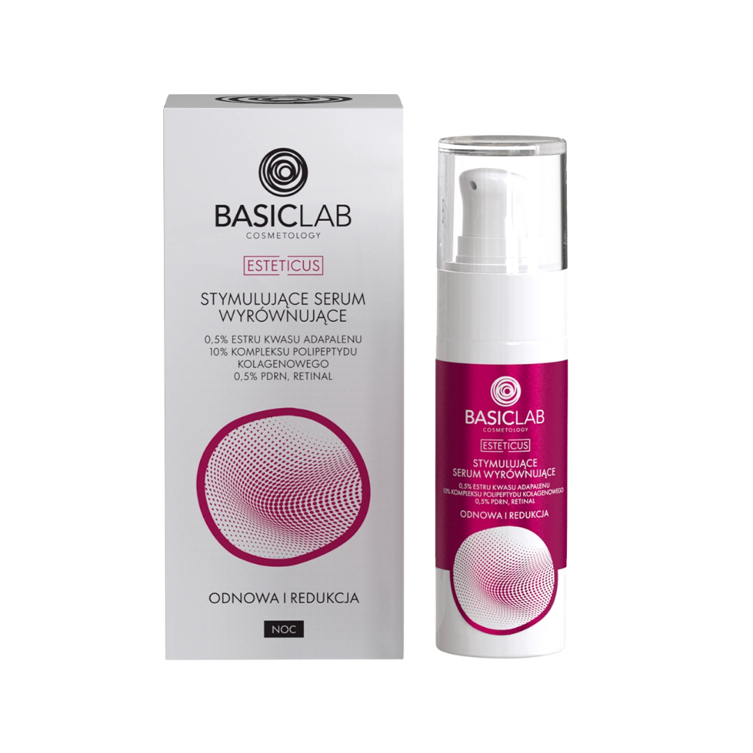 Stymulujące serum wyrównujące z 0,5% estru kwasu adapalenowego, 10% polipeptydu kolagenowego, 0,5% PDRN i retinalem BasicLab 30 ml – Odnowa i Redukcja